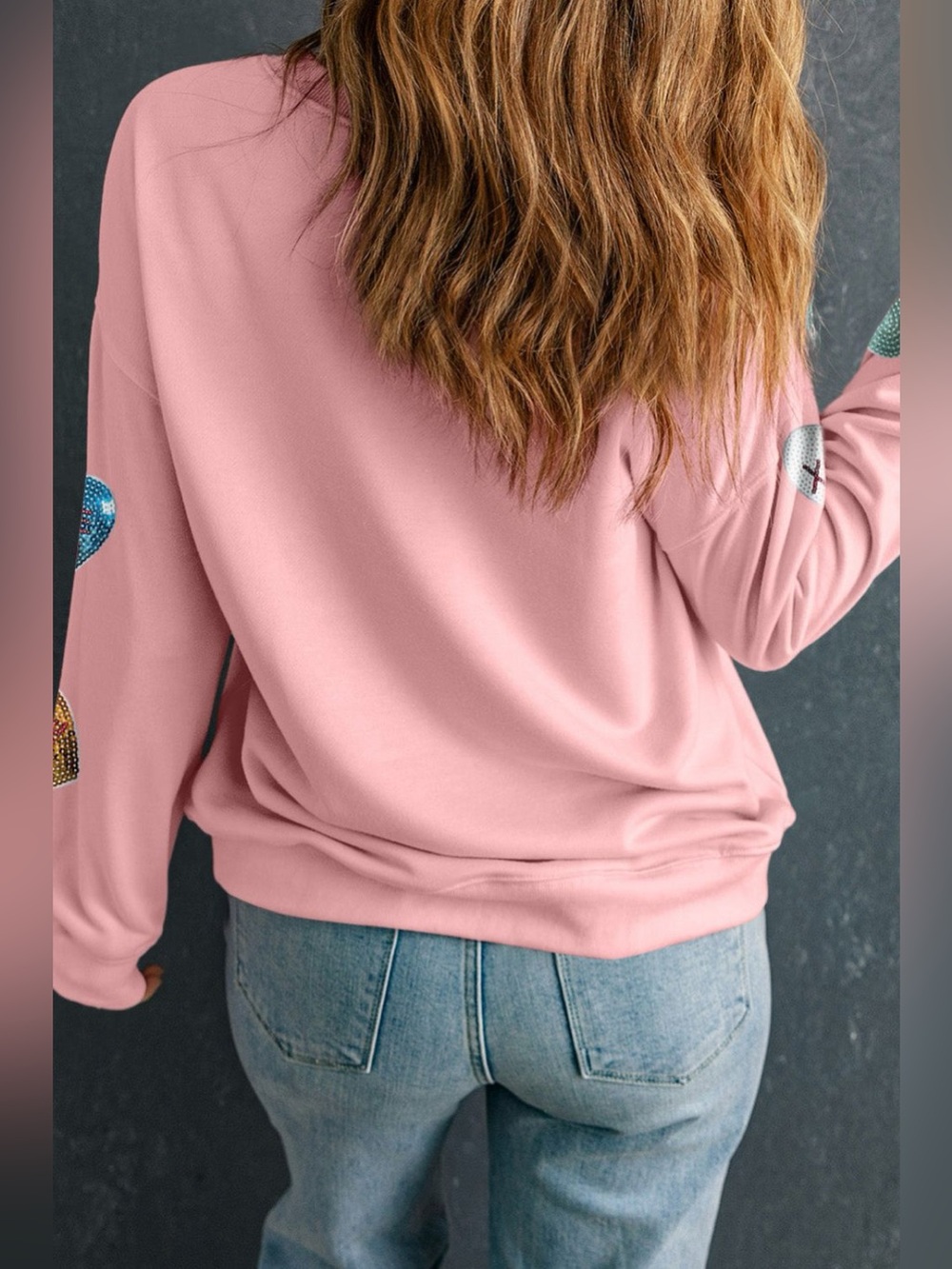 Valentine’s Day Sequin Heart Round Neck Long Sleeve Sweatshirt - Picture 3 of 5